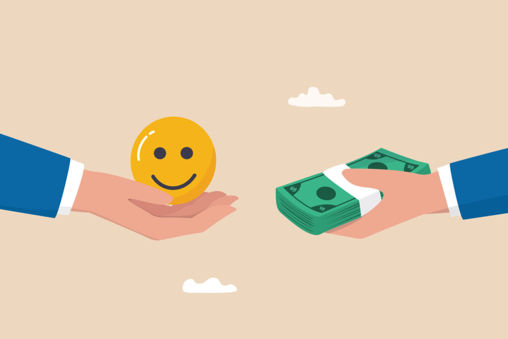 money-can-buy-happiness-philosophy-or-life-success-dilemma-financial-goal-vs-work-life-balance-and-enjoy-life-concept-businessman-hand-offer-money-to-buy-happiness-smile-face-vector